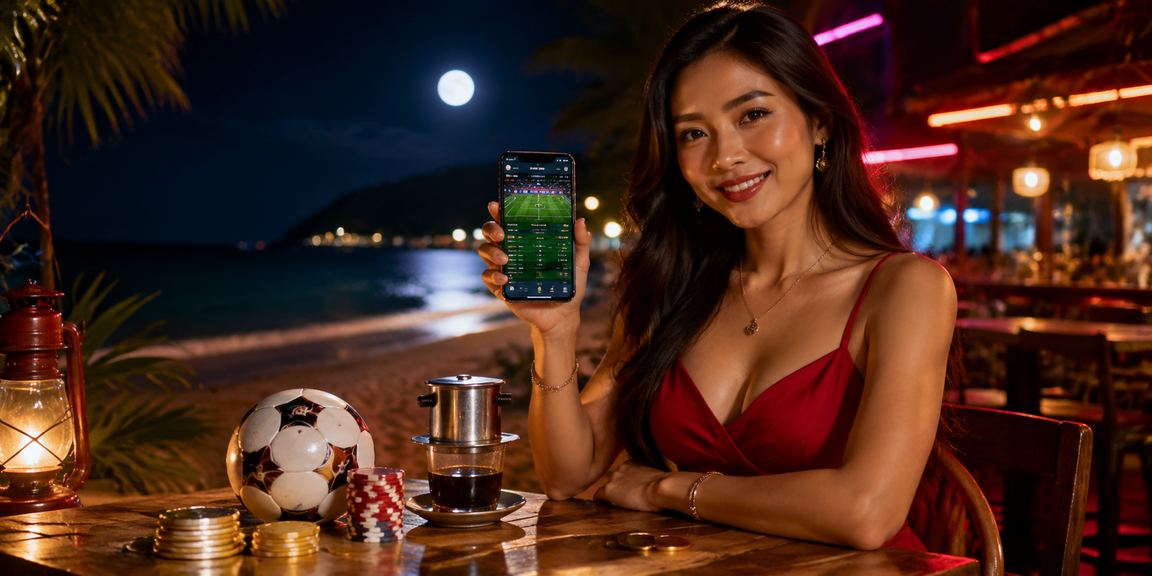 Người dùng xem nghiên cứu cá cược thể thao tại Côn Đảo với ly cà phê bên cạnh
