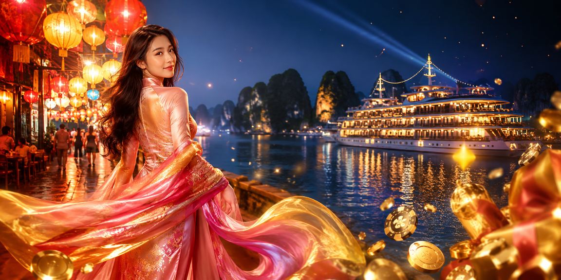Cảnh Vịnh Hạ Long với không gian giải trí casino và áo dài truyền thống Việt Nam